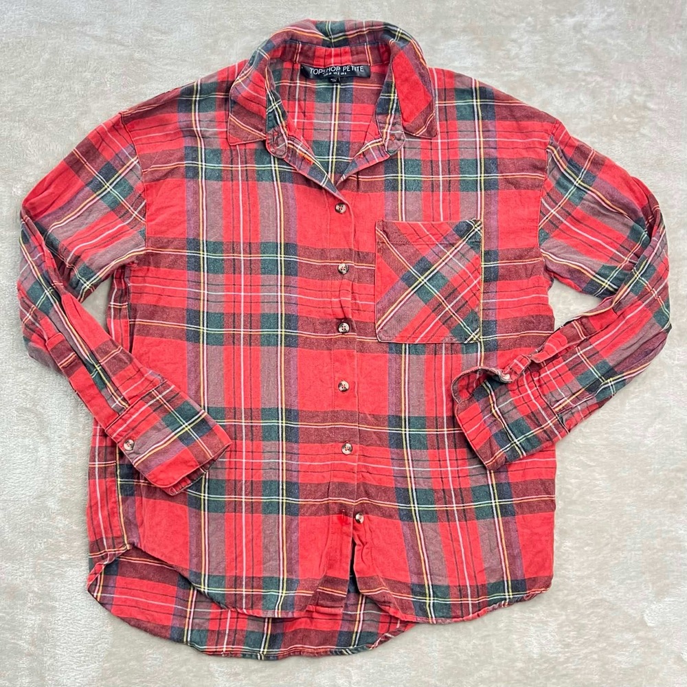 Topshop Petite Red Plaid Button Down Shirt Long Sleeve Size US 2 26B27MRED